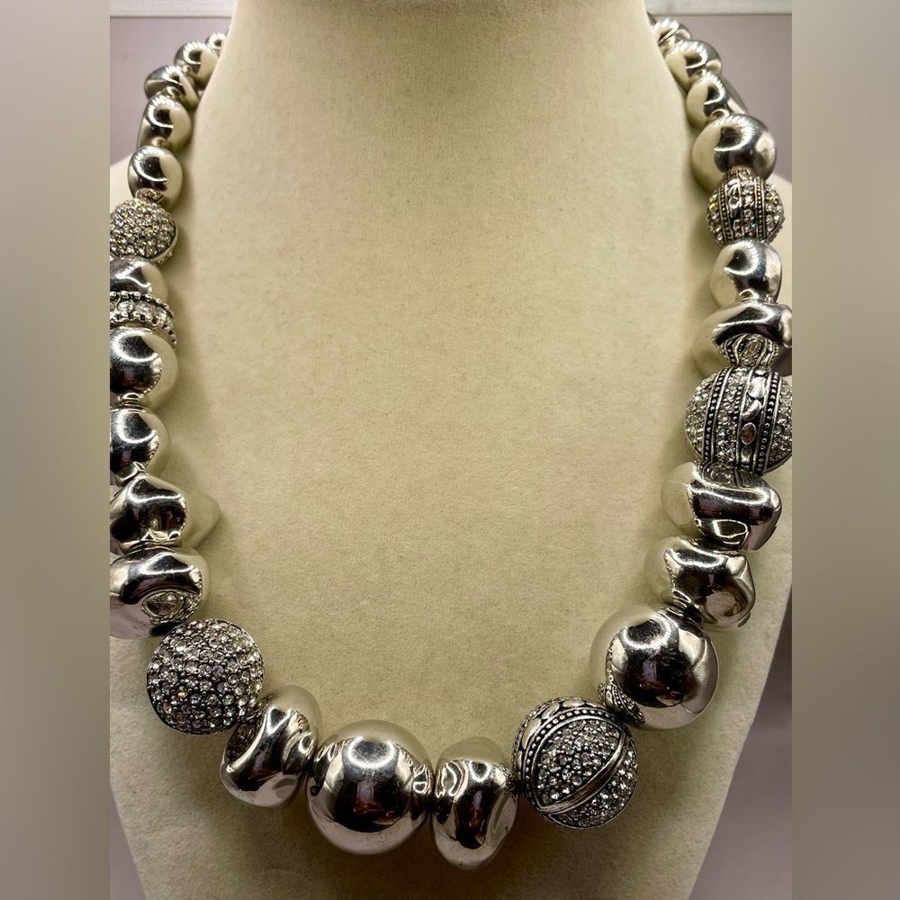 Chico's Vintage Silver Tone Statement Necklace with Intricate Beads, Rhinestones